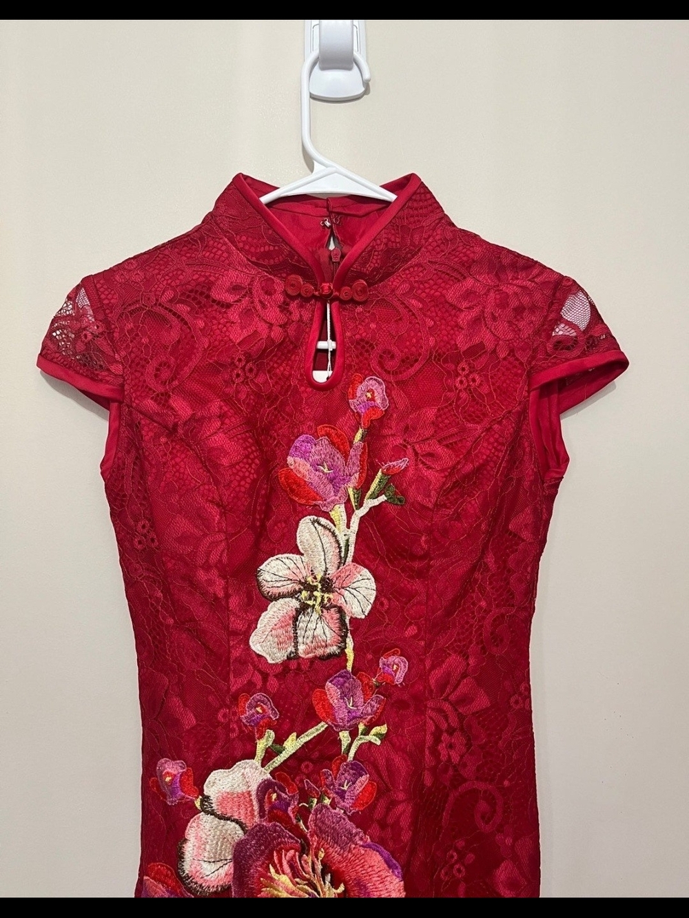 Red Lace Qipao Cheongsam Gown Floral Embroidery NWT XS XXS